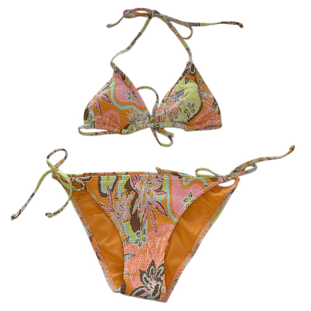 Roxy Triangle Bikini Swimsuit Smocked Tiki Orange NWOT Women’s Size Small